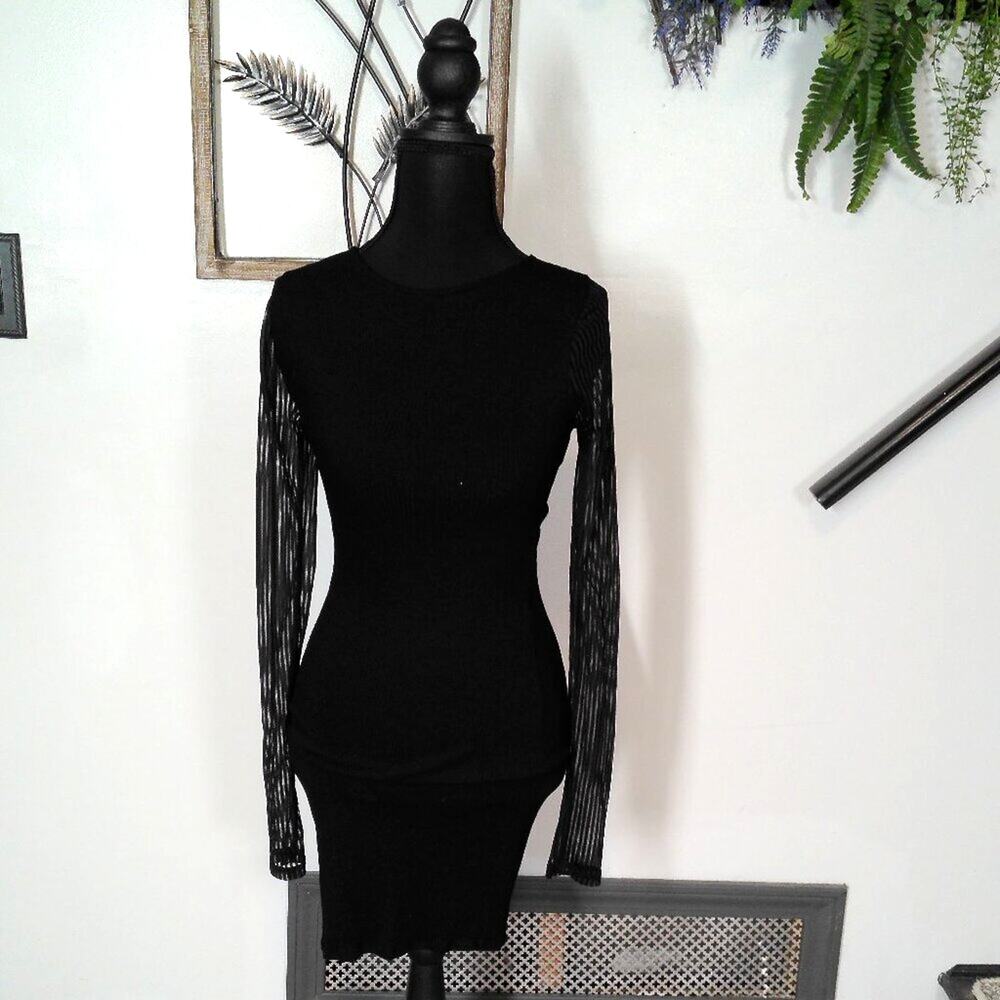Women’s Black Stretch Bodycon Dress Sheer Mesh Sleeves Glam Night Out